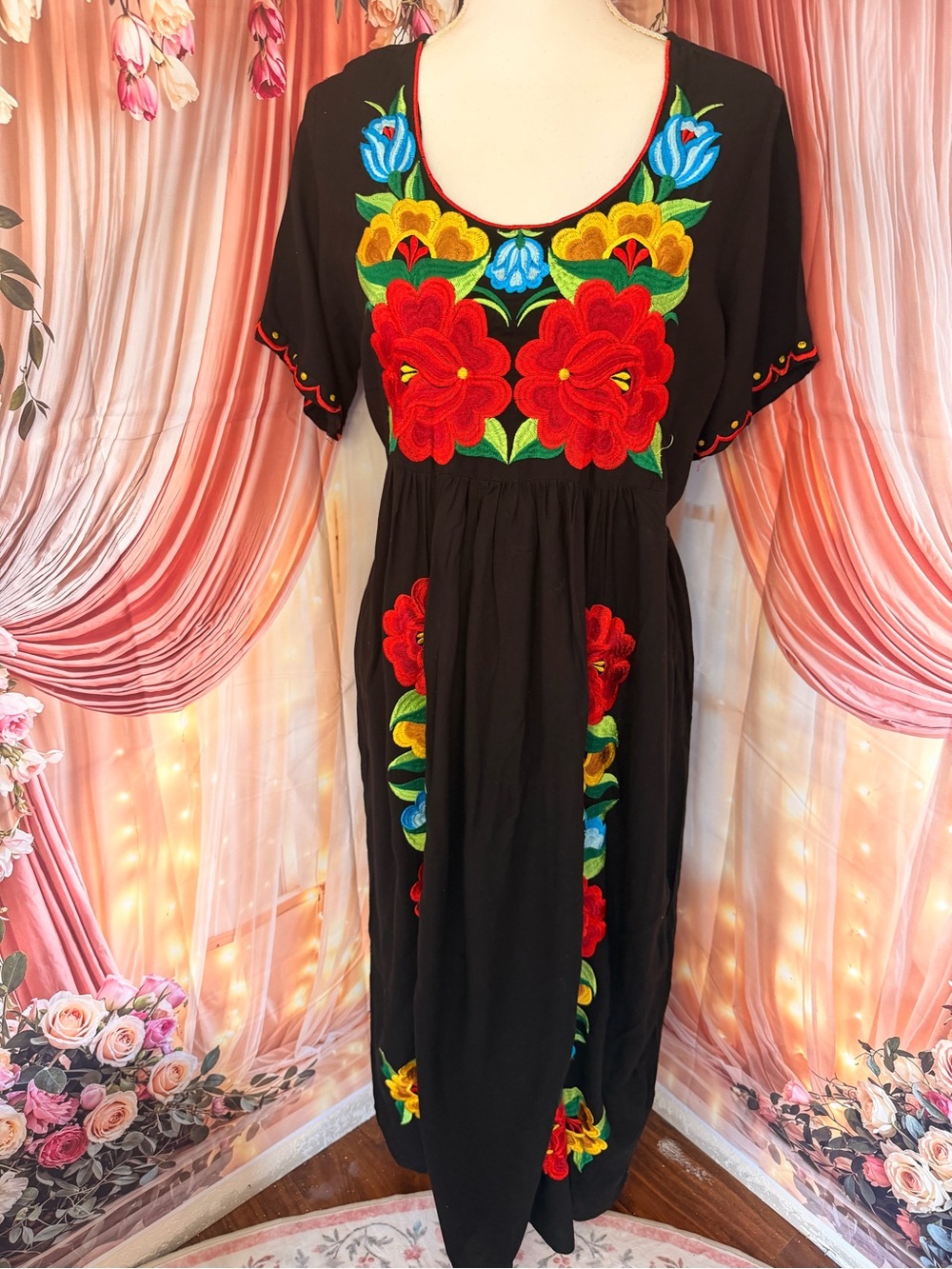 Black Embroidered Floral Maxi Dress - Multicolor Accents